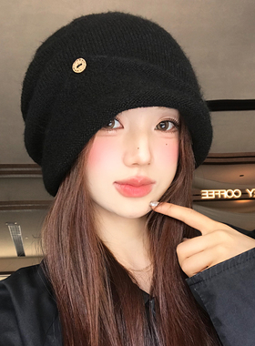 黑色复古纽扣翻檐针织堆堆帽女秋