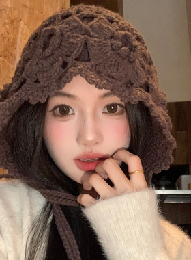 废土风手工编织花朵包头帽子女