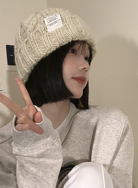 大头围粗针织毛线帽子显脸小绿色