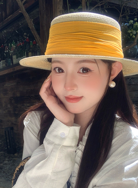 法式黄色织带平顶草帽女海边沙滩