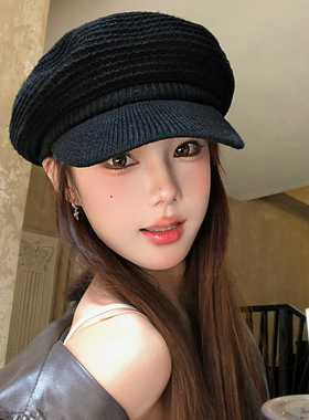 黑色针织八角贝雷帽子显脸小百搭