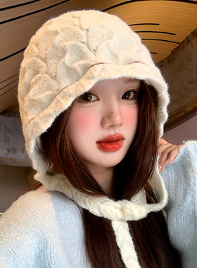 韩系花瓣软糯毛绒针织帽女冬季