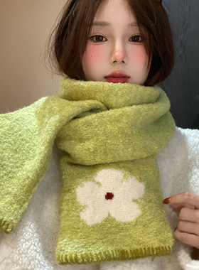 花朵提花绿色提花针织围巾女秋冬