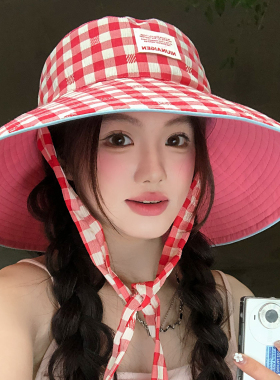韩系红色格子双面渔夫帽大帽檐