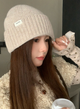 100%羊毛红色针织毛线帽子女秋冬