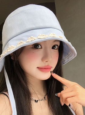 蓝色花朵绑带棉麻渔夫帽女士夏季