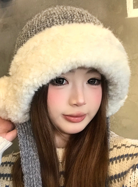 灰色毛绒加厚护耳毛线帽子女冬季