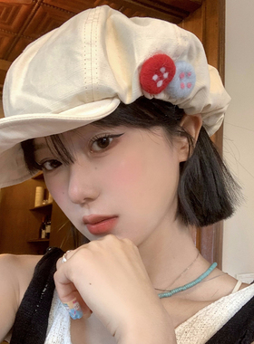 日系复古彩色毛毡纽扣棉麻八角帽