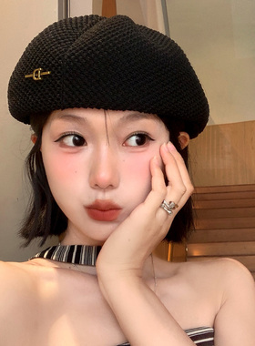 日系黑色反戴贝雷帽女夏薄款透气