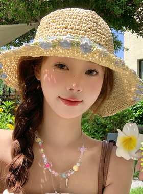薄荷曼波花朵编织渔夫帽女夏海边