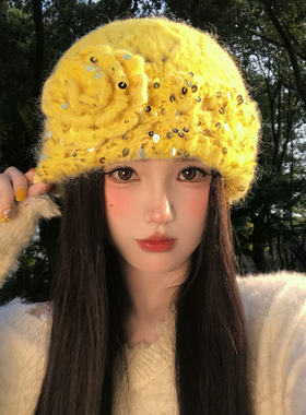 黄色亮片花朵针织包头帽女秋冬