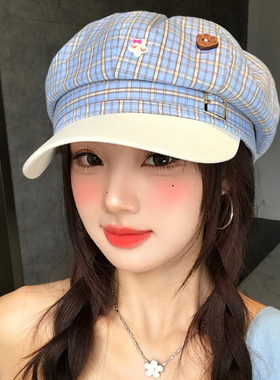 可爱猫咪纽扣蓝色格纹贝雷帽女生
