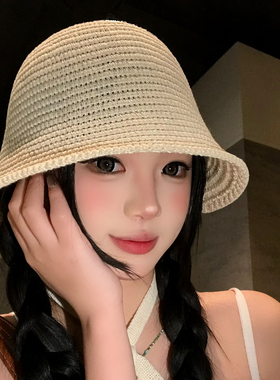 日系简约绑带白色渔夫帽女高级感