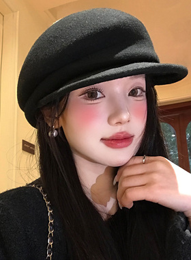 英伦风优雅黑色贝雷帽女士冬季