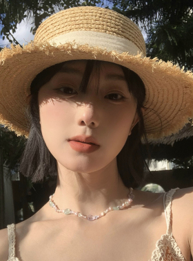 蝴蝶结系带拉菲草草帽女夏大帽檐