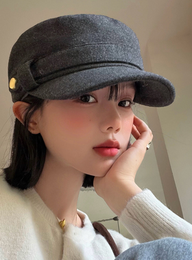 英伦气质毛呢平顶马术帽女秋冬