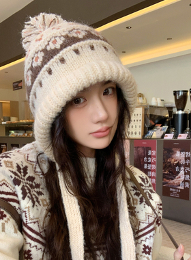红色费尔岛风针织帽子女秋冬保暖毛线帽防寒骑车护耳帽加厚雷锋帽