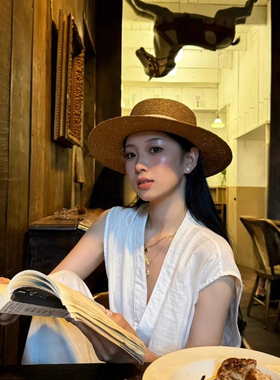 老钱风复古平顶草帽女夏沙滩海边