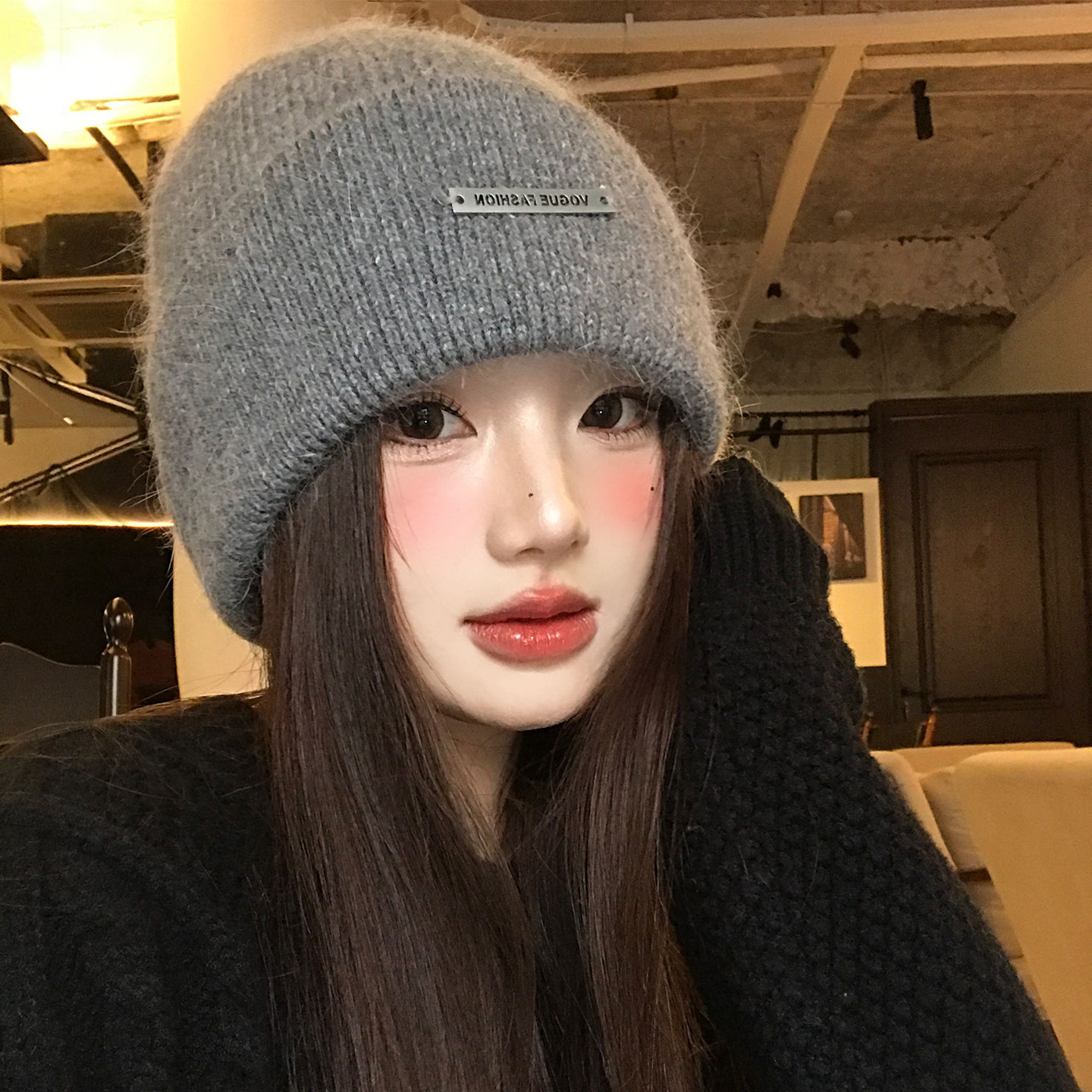 灰色兔毛针织帽女秋冬2025新款加厚大头围保暖毛线帽子显脸小冷帽,淘宝优惠券,粉丝福利购,淘宝优惠卷