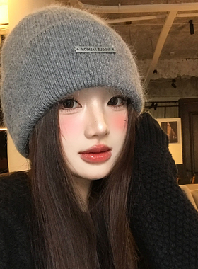 灰色兔毛针织帽女秋冬2026新款