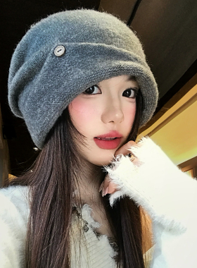 灰色翻边木扣堆堆帽女秋冬季休闲