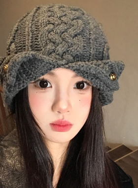 灰色复古翻边麻花针织帽子女秋冬
