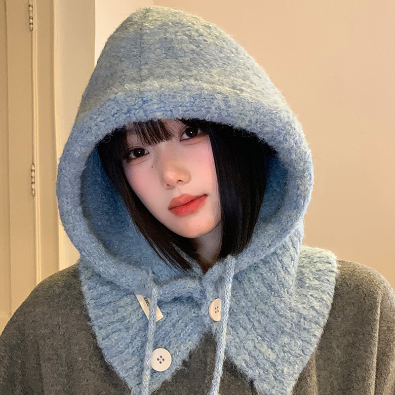 韩版蓝色巴拉克拉法帽女秋冬季帽子围巾一体保暖护耳针织毛线帽 - 图3