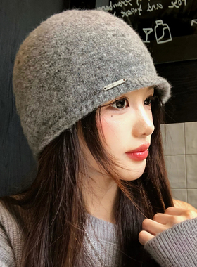 灰色毛绒针织冷帽女秋冬季简约