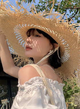 法式镂空飘带拉菲草帽女夏季海边