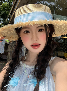 田园风蓝色格纹蝴蝶结草帽女度假