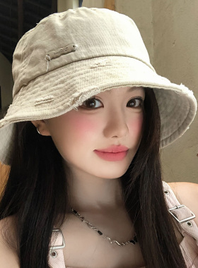 日系做旧水洗破洞渔夫帽大头围女