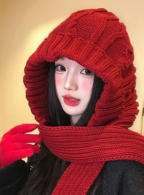 红色巴拉克拉毛线帽子围巾一体帽