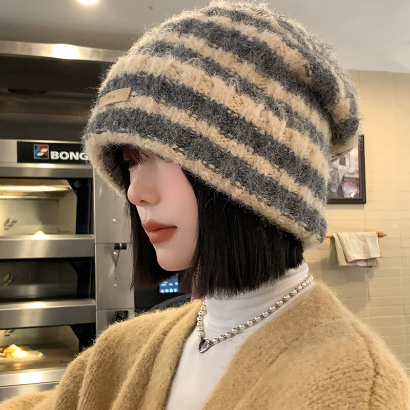 拼色条纹毛线帽女秋冬季日系宽松保暖护耳堆堆帽针织大头围帽子潮 - 图1