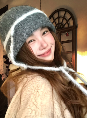 韩系灰色针织护耳飞行帽女冬季