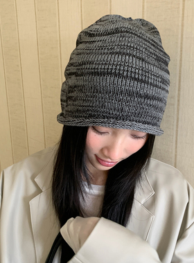 灰色卷边针织冷帽女秋冬季休闲