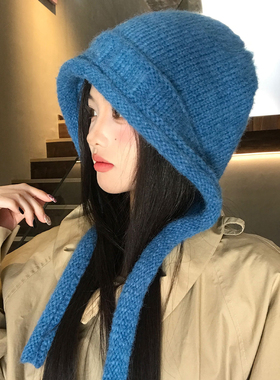 蓝色加厚针织帽子女秋冬季大头围