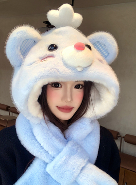 可爱蓝色松鼠耳朵会动毛绒帽子
