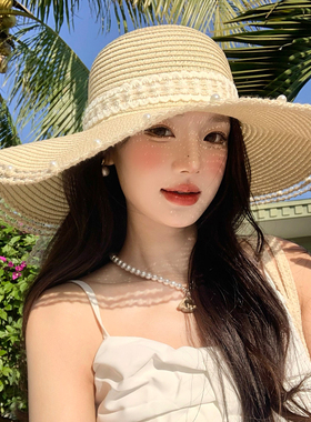 法式蕾丝蝴蝶结珍珠草帽女夏季