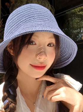 蓝色针织绑带渔夫帽女士春夏高级