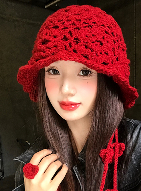 川西新疆红色花朵流苏毛线帽子女