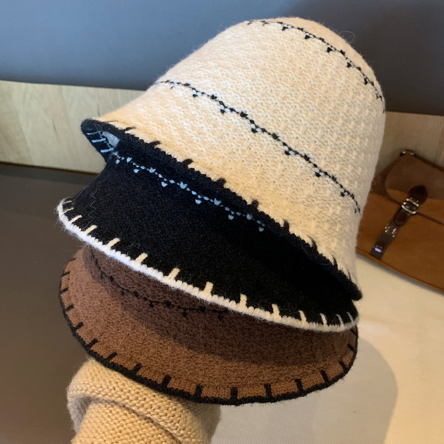 高级感条纹针织渔夫帽女冬显脸小盆帽大头围韩系休闲毛线水桶帽子,淘宝优惠券,粉丝福利购,淘宝优惠卷