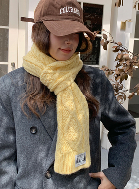 蓝色菱形麻花纹针织围巾女秋冬季
