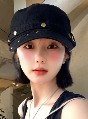 黑色毛边铆钉平顶马术帽女春夏