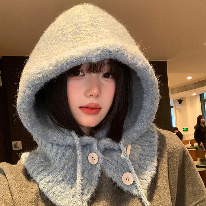 韩版蓝色巴拉克拉法帽女秋冬季帽子围巾一体保暖护耳针织毛线帽 - 图1