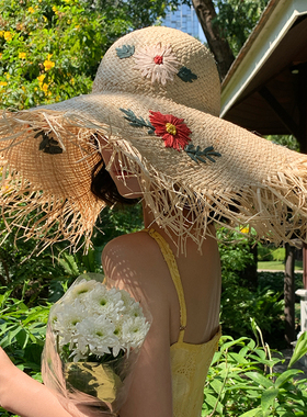 法式拉菲草花朵草帽女夏季沙滩
