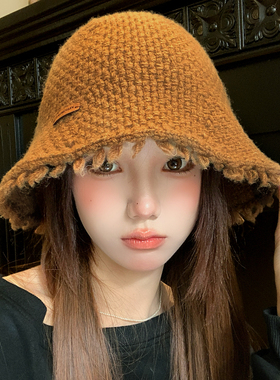 美拉德复古棕色毛边针织渔夫帽女