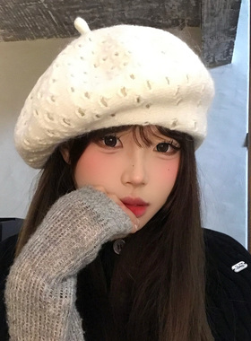 韩系白色针织贝雷帽女秋冬季保暖
