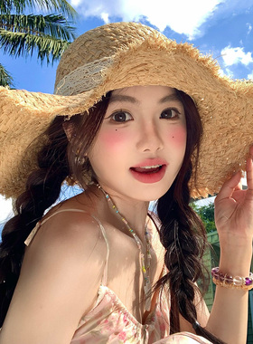 田园风蕾丝蝴蝶结编织草帽女夏