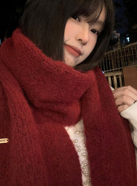 含羊毛软糯红色针织围巾女2026年