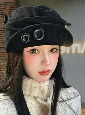 复古黑色纽扣褶皱翻贝雷帽女2026